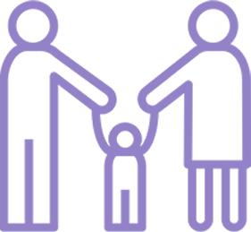 purple icon of parents holding child's hands in between them